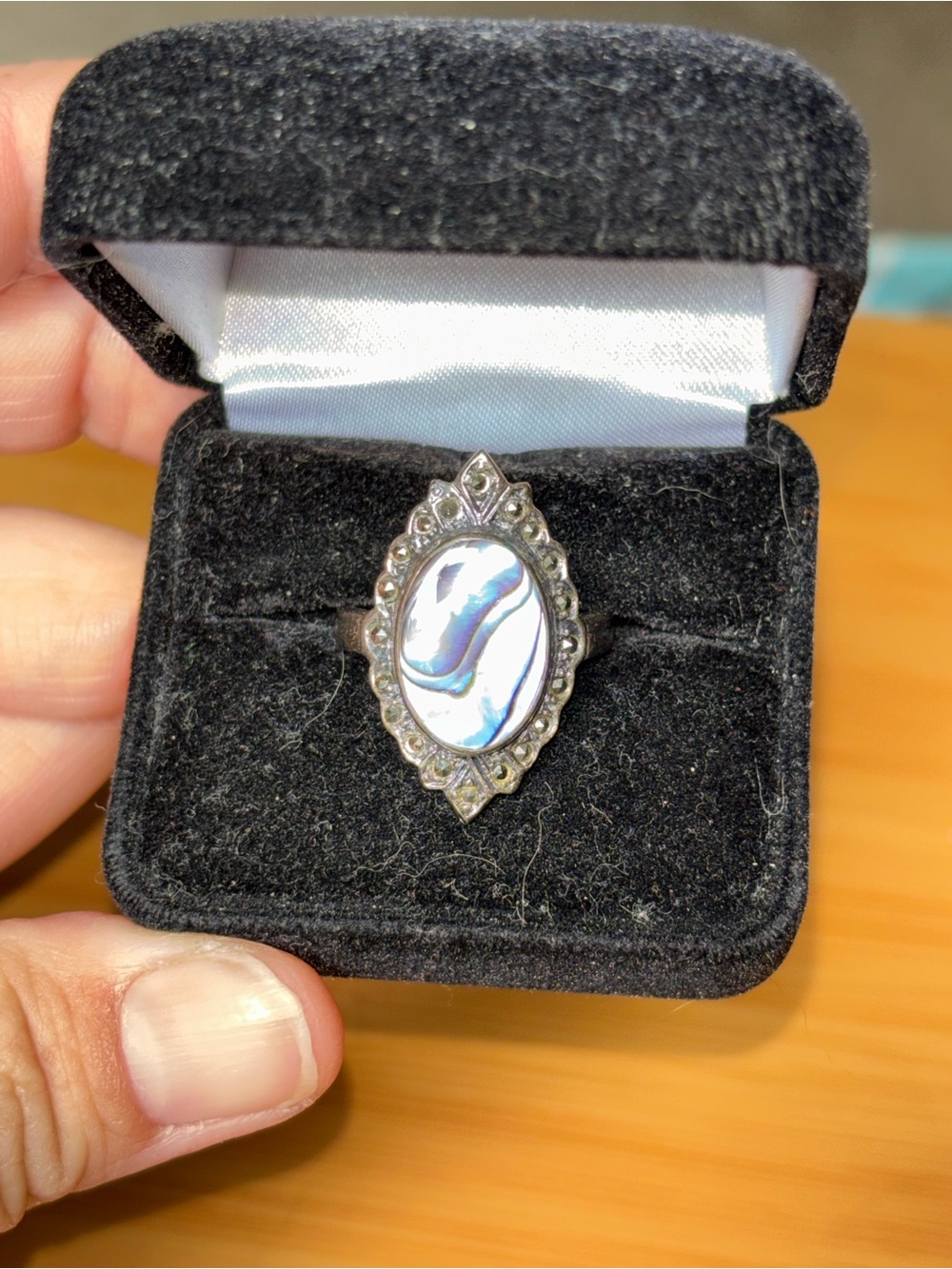 Or Paz Sterling Silver Abalone Marquise Ring with Blue-Green Iridescence NWOT